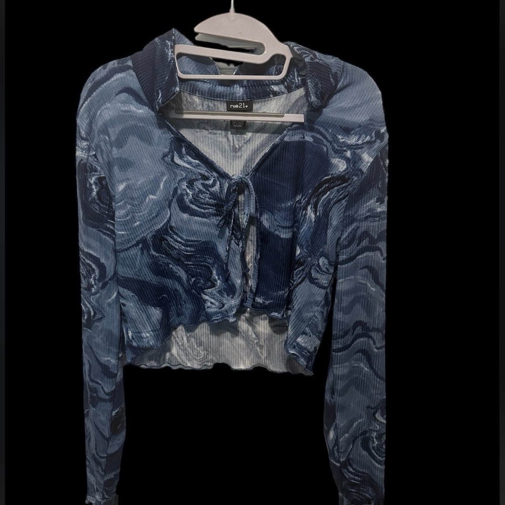 Blue Marble design Crop Top with opening and ties in chest area.